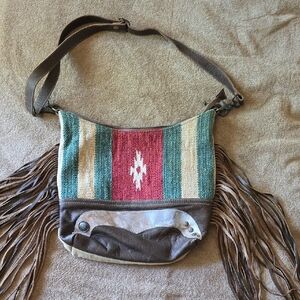 Red and Green Shoulder Bag with Fringe and Geometric Design By MYRA